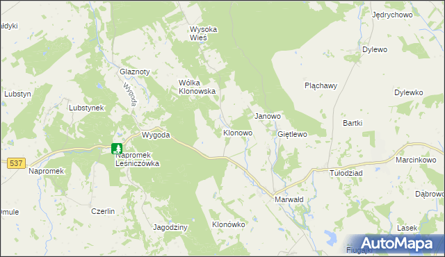 mapa Klonowo gmina Ostróda, Klonowo gmina Ostróda na mapie Targeo
