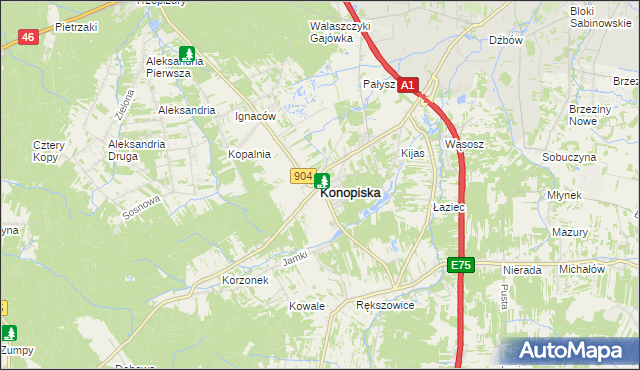 mapa Konopiska powiat częstochowski, Konopiska powiat częstochowski na mapie Targeo
