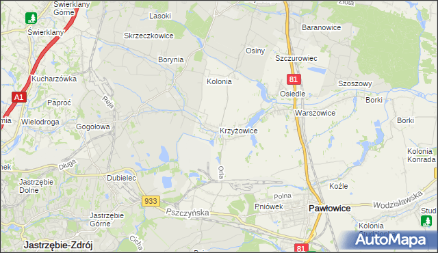 mapa Krzyżowice gmina Pawłowice, Krzyżowice gmina Pawłowice na mapie Targeo