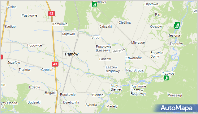 mapa Łaszew gmina Wierzchlas, Łaszew gmina Wierzchlas na mapie Targeo
