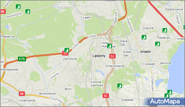 mapa Lędziny powiat bieruńsko-lędziński, Lędziny powiat bieruńsko-lędziński na mapie Targeo