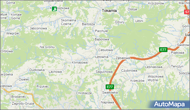 mapa Łętownia gmina Jordanów, Łętownia gmina Jordanów na mapie Targeo