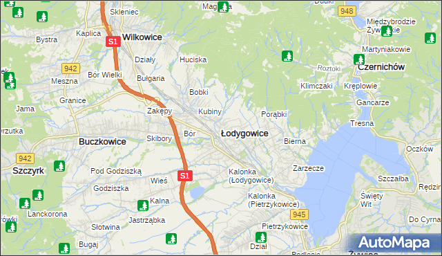 mapa Łodygowice powiat żywiecki, Łodygowice powiat żywiecki na mapie Targeo