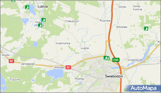 mapa Ługów gmina Świebodzin, Ługów gmina Świebodzin na mapie Targeo