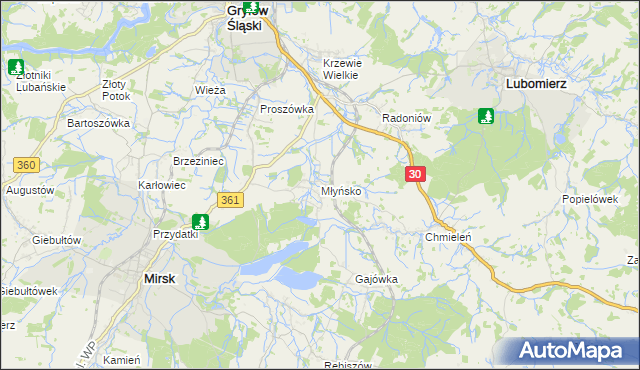 mapa Młyńsko gmina Gryfów Śląski, Młyńsko gmina Gryfów Śląski na mapie Targeo