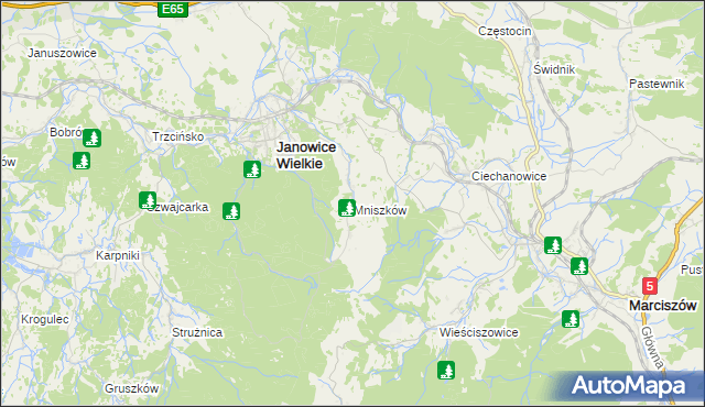 mapa Mniszków gmina Janowice Wielkie, Mniszków gmina Janowice Wielkie na mapie Targeo