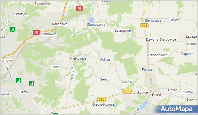 mapa Mokrus gmina Ogrodzieniec, Mokrus gmina Ogrodzieniec na mapie Targeo