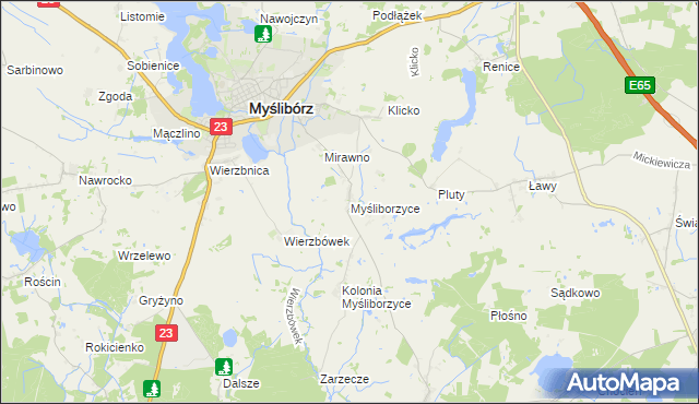 mapa Myśliborzyce gmina Myślibórz, Myśliborzyce gmina Myślibórz na mapie Targeo