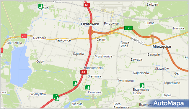 mapa Myszkowice gmina Bobrowniki, Myszkowice gmina Bobrowniki na mapie Targeo