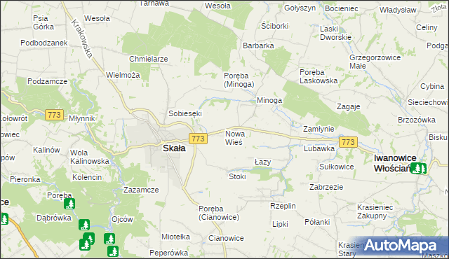 mapa Nowa Wieś gmina Skała, Nowa Wieś gmina Skała na mapie Targeo