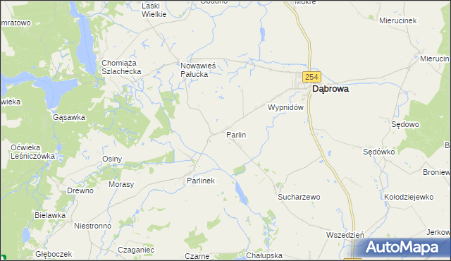 mapa Parlin gmina Dąbrowa, Parlin gmina Dąbrowa na mapie Targeo