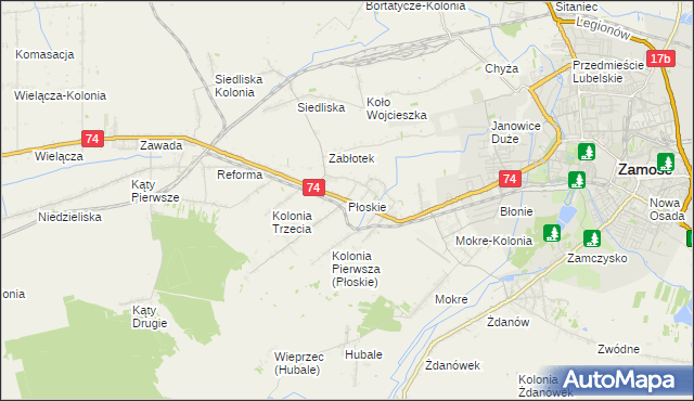 mapa Płoskie gmina Zamość, Płoskie gmina Zamość na mapie Targeo