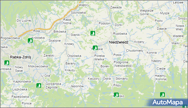 mapa Poręba Wielka gmina Niedźwiedź, Poręba Wielka gmina Niedźwiedź na mapie Targeo