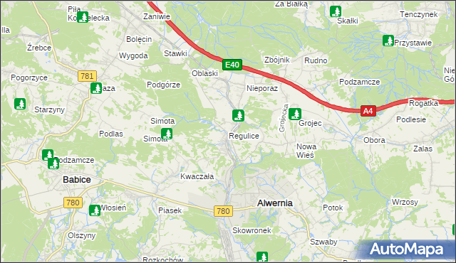 mapa Regulice gmina Alwernia, Regulice gmina Alwernia na mapie Targeo