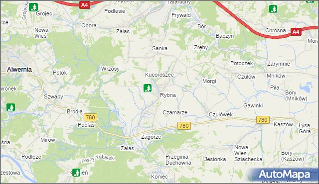 mapa Rybna gmina Czernichów, Rybna gmina Czernichów na mapie Targeo