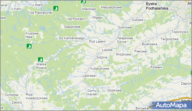 mapa Sidzina gmina Bystra-Sidzina, Sidzina gmina Bystra-Sidzina na mapie Targeo