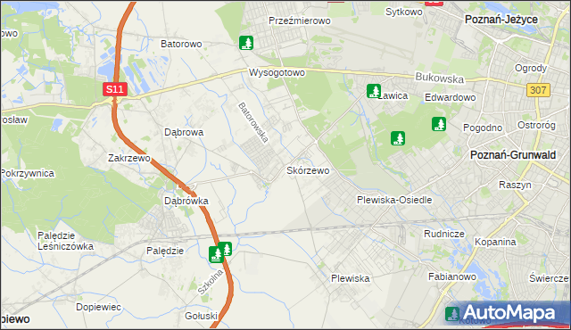 mapa Skórzewo gmina Dopiewo, Skórzewo gmina Dopiewo na mapie Targeo