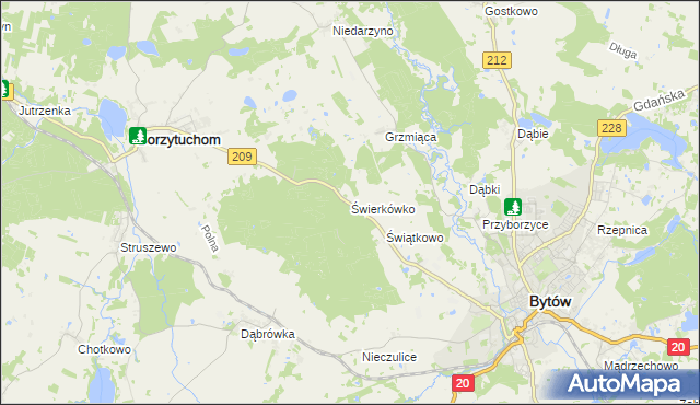 mapa Świerkówko gmina Bytów, Świerkówko gmina Bytów na mapie Targeo