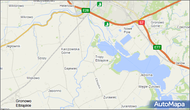 mapa Tropy Elbląskie, Tropy Elbląskie na mapie Targeo