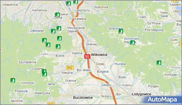 mapa Wilkowice powiat bielski, Wilkowice powiat bielski na mapie Targeo