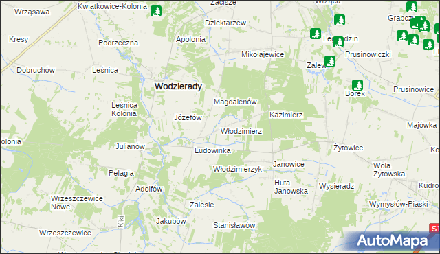 mapa Włodzimierz gmina Wodzierady, Włodzimierz gmina Wodzierady na mapie Targeo