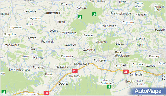 mapa Zawadka gmina Tymbark, Zawadka gmina Tymbark na mapie Targeo