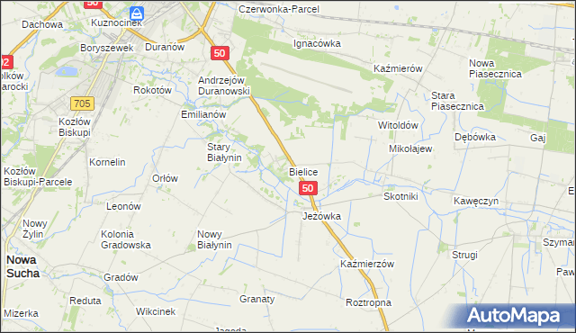 mapa Bielice gmina Sochaczew, Bielice gmina Sochaczew na mapie Targeo