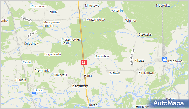 mapa Bronisław gmina Krzykosy, Bronisław gmina Krzykosy na mapie Targeo
