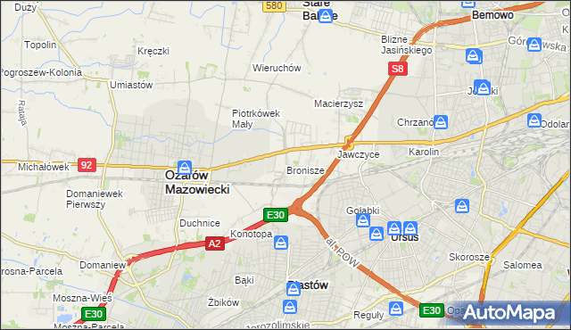 mapa Bronisze gmina Ożarów Mazowiecki, Bronisze gmina Ożarów Mazowiecki na mapie Targeo