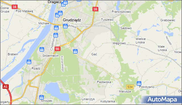 mapa Gać gmina Grudziądz, Gać gmina Grudziądz na mapie Targeo