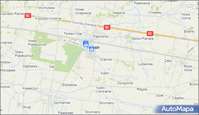 mapa Granice gmina Teresin, Granice gmina Teresin na mapie Targeo