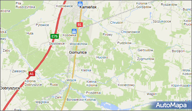 mapa Hucisko gmina Gomunice, Hucisko gmina Gomunice na mapie Targeo