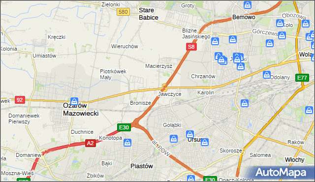 mapa Jawczyce gmina Ożarów Mazowiecki, Jawczyce gmina Ożarów Mazowiecki na mapie Targeo
