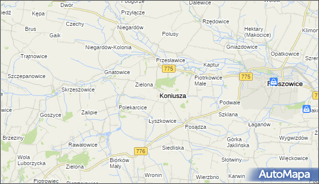 mapa Koniusza powiat proszowicki, Koniusza powiat proszowicki na mapie Targeo