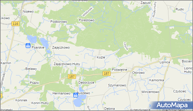mapa Koźle gmina Szamotuły, Koźle gmina Szamotuły na mapie Targeo