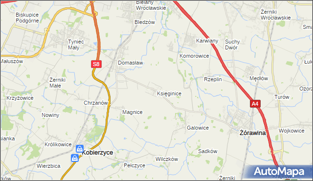 mapa Księginice gmina Kobierzyce, Księginice gmina Kobierzyce na mapie Targeo