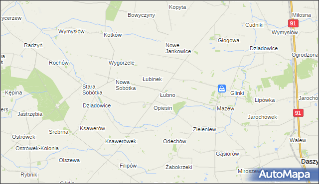 mapa Łubno gmina Daszyna, Łubno gmina Daszyna na mapie Targeo