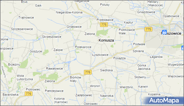 mapa Łyszkowice gmina Koniusza, Łyszkowice gmina Koniusza na mapie Targeo