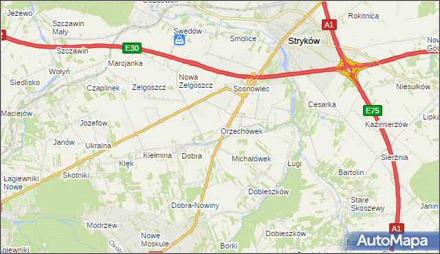 mapa Orzechówek gmina Stryków, Orzechówek gmina Stryków na mapie Targeo
