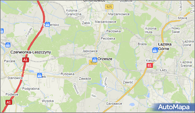 mapa Orzesze powiat mikołowski, Orzesze powiat mikołowski na mapie Targeo