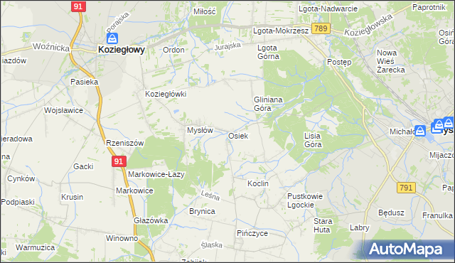 mapa Osiek gmina Koziegłowy, Osiek gmina Koziegłowy na mapie Targeo
