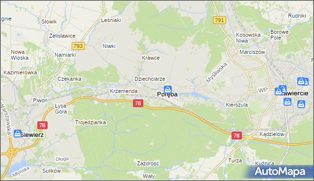 mapa Poręba powiat zawierciański, Poręba powiat zawierciański na mapie Targeo