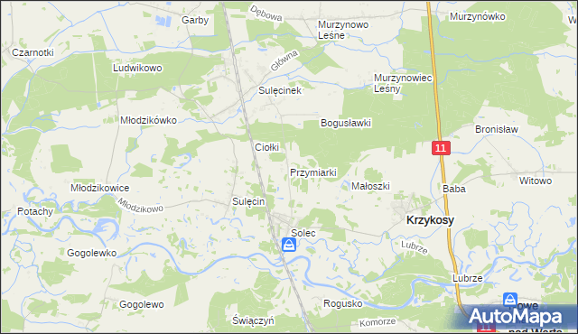 mapa Przymiarki gmina Krzykosy, Przymiarki gmina Krzykosy na mapie Targeo