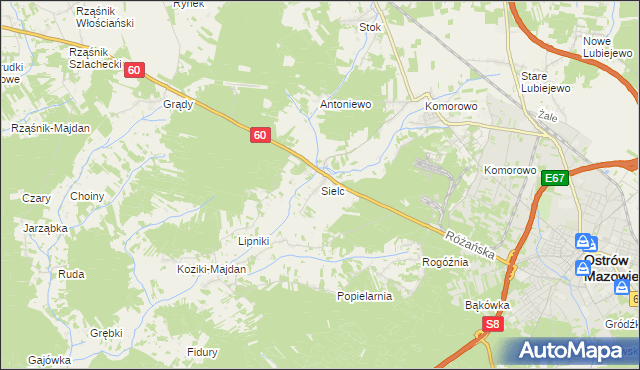 mapa Sielc gmina Ostrów Mazowiecka, Sielc gmina Ostrów Mazowiecka na mapie Targeo