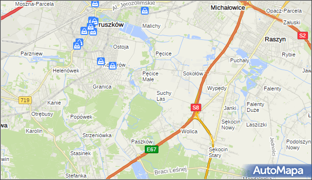 mapa Suchy Las gmina Michałowice, Suchy Las gmina Michałowice na mapie Targeo