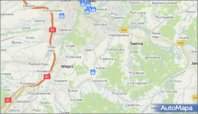 mapa Trzebinia gmina Świnna, Trzebinia gmina Świnna na mapie Targeo