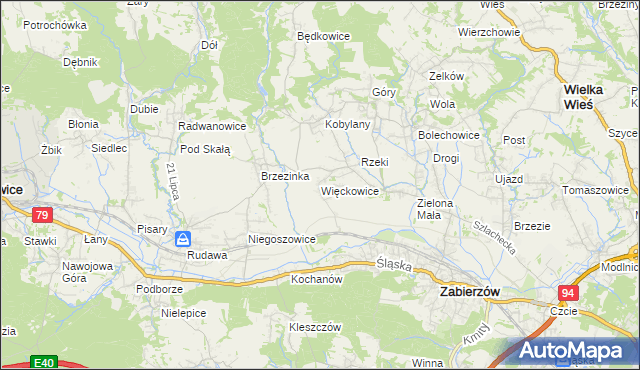 mapa Więckowice gmina Zabierzów, Więckowice gmina Zabierzów na mapie Targeo