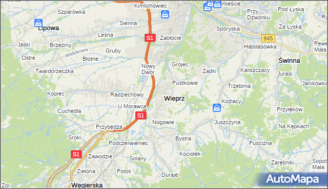 mapa Wieprz gmina Radziechowy-Wieprz, Wieprz gmina Radziechowy-Wieprz na mapie Targeo
