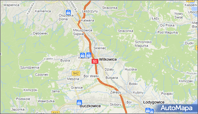 mapa Wilkowice powiat bielski, Wilkowice powiat bielski na mapie Targeo