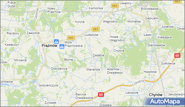 mapa Zadębie gmina Prażmów, Zadębie gmina Prażmów na mapie Targeo